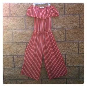 Wide leg capri off the shoulder jumpsuit